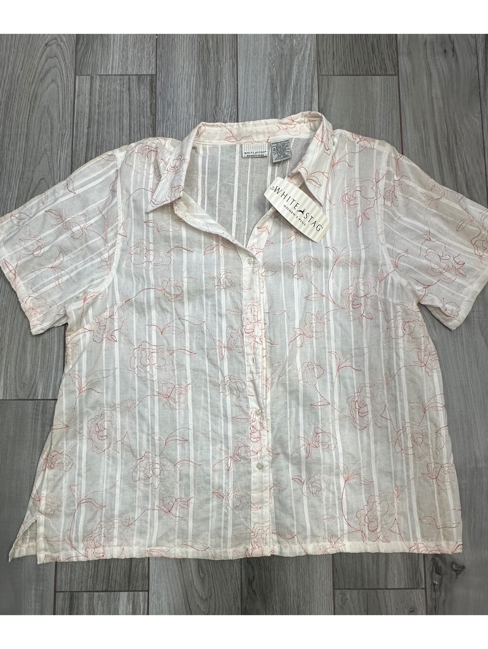 White Stag Women's Plus Size 22W Embroidered Cotton Button-Up Blouse